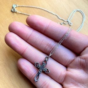 Vintage Sterling Silver 925 Marcasite Cross Religious Marked CW Pendant Necklace